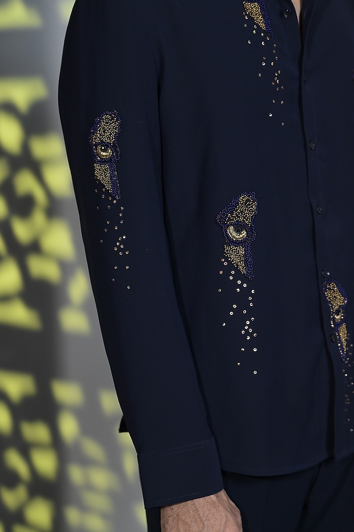 French Navy Cotton Dabka & Sequins Embroidered Party Wear Shirt by Bharat Reshma at Pernia's Pop Up Shop