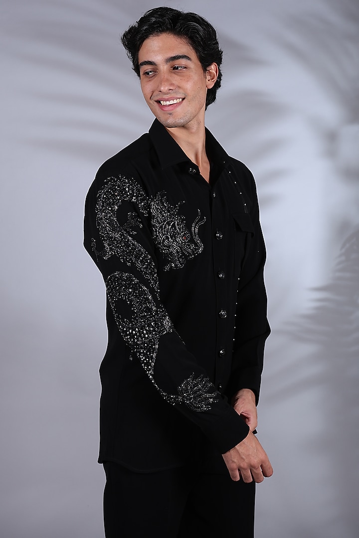 Jet Black Japanese Suiting Crystal & Stone Embroidered Shirt by Bharat Reshma