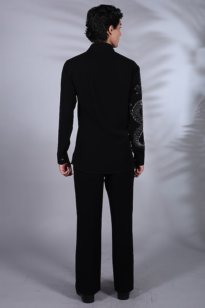 Jet Black Japanese Suiting Crystal & Stone Embroidered Wedding Shirt by Bharat Reshma at Pernia's Pop Up Shop