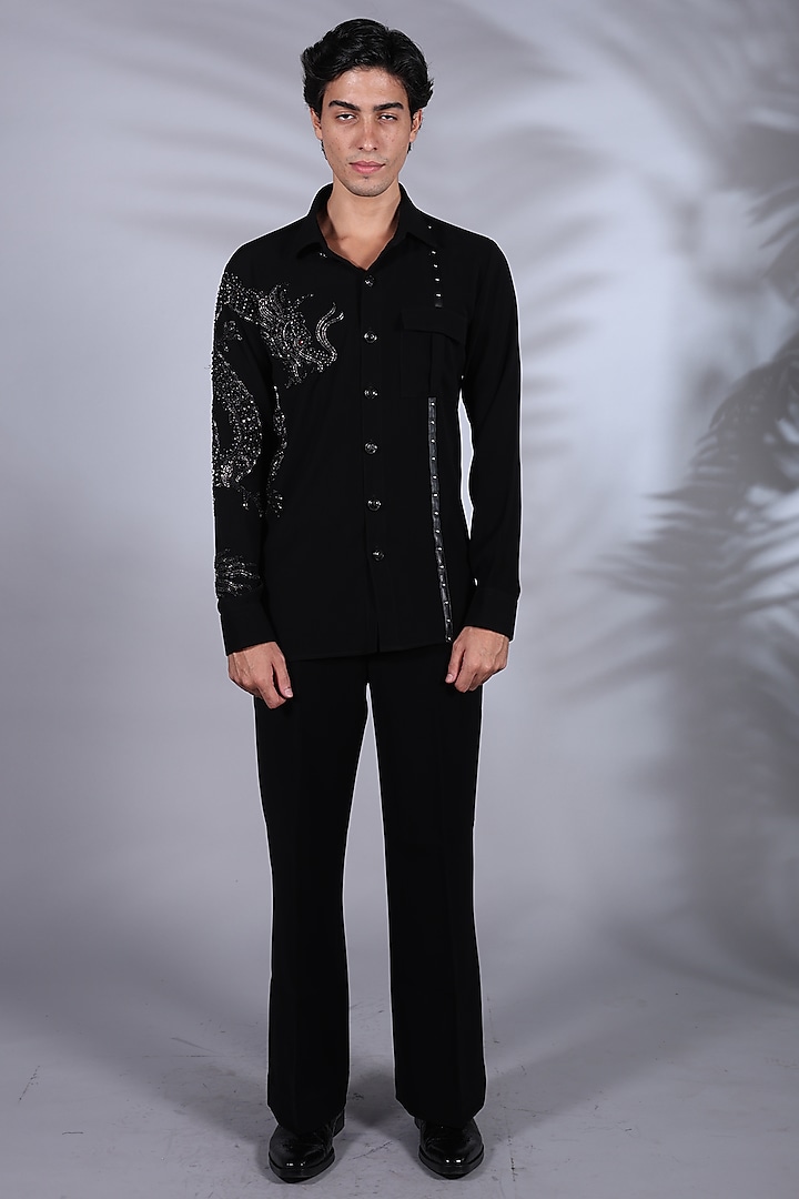 Jet Black Japanese Suiting Crystal & Stone Embroidered Wedding Shirt by Bharat Reshma at Pernia's Pop Up Shop