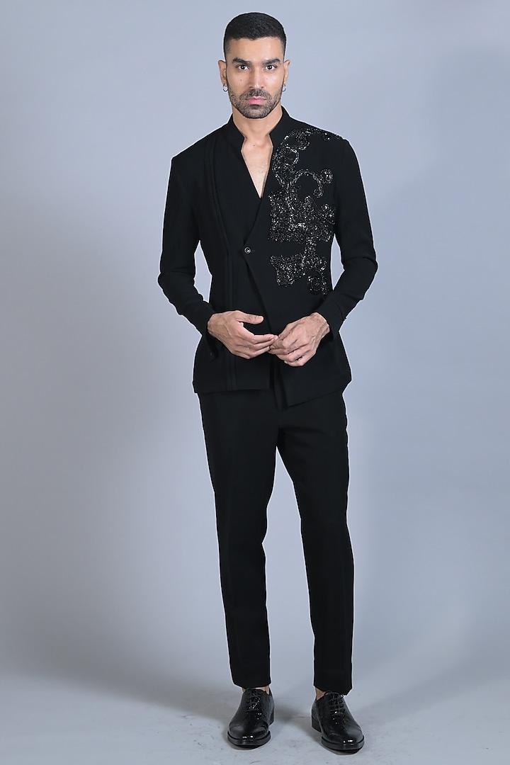 Smokey Black Japanese Suiting Sequins & Crystal Embroidered Shirt by Bharat Reshma