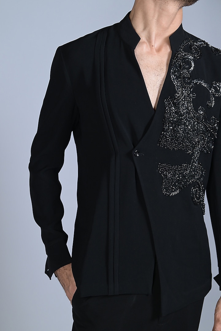 Smokey Black Japanese Suiting Sequins & Crystal Embroidered Wedding Shirt by Bharat Reshma at Pernia's Pop Up Shop