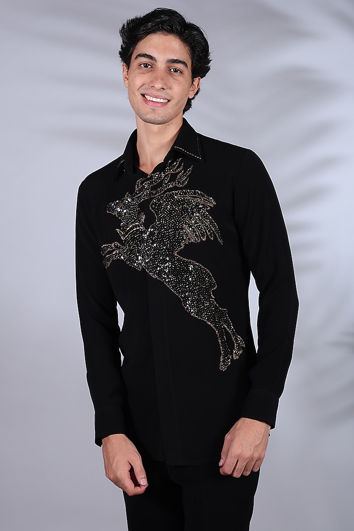 Warm Black Japanese Suiting Sequins & Thread Embroidered Shirt by Bharat Reshma