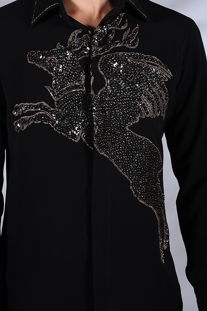 Warm Black Japanese Suiting Sequins & Thread Embroidered Party Wear Shirt by Bharat Reshma at Pernia's Pop Up Shop