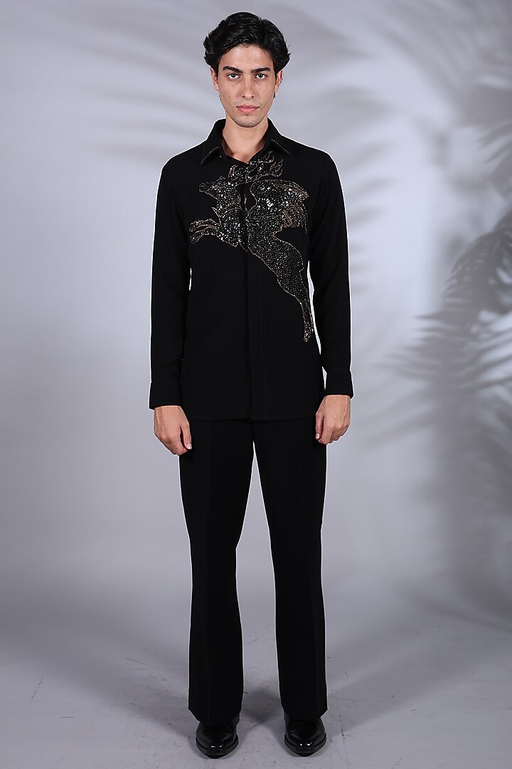 Warm Black Japanese Suiting Sequins & Thread Embroidered Party Wear Shirt by Bharat Reshma at Pernia's Pop Up Shop