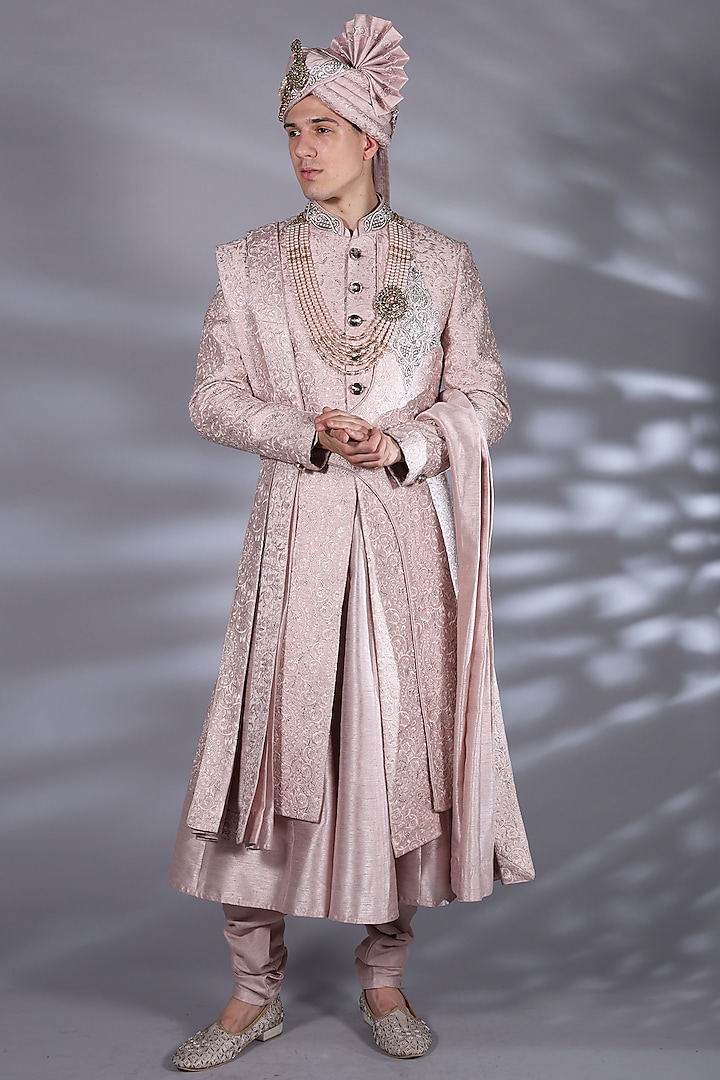 Rose Quartz Brocade Silk Dabka & Boota Embroidered Groom Sherwani Set by Bharat Reshma at Pernia's Pop Up Shop