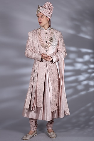 Rose Quartz Brocade Silk Dabka & Boota Embroidered Sherwani Set by Bharat Reshma