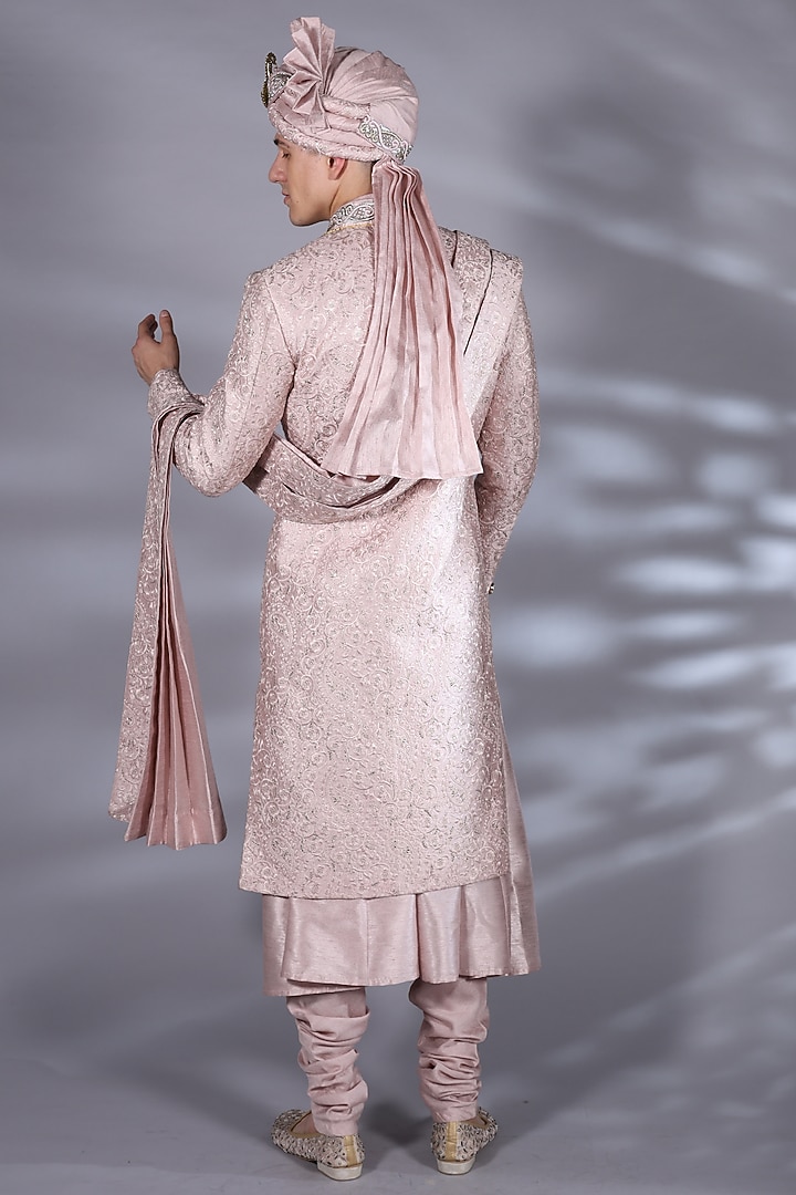 Rose Quartz Brocade Silk Dabka & Boota Embroidered Groom Sherwani Set by Bharat Reshma at Pernia's Pop Up Shop