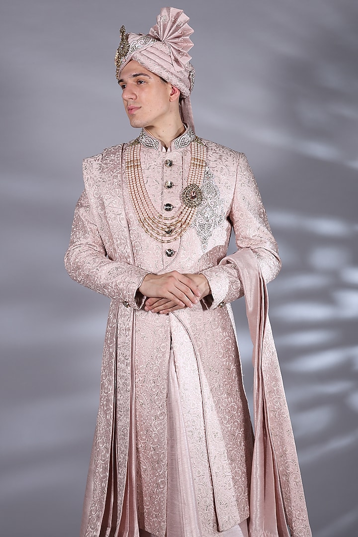 Rose Quartz Brocade Silk Dabka & Boota Embroidered Groom Sherwani Set by Bharat Reshma at Pernia's Pop Up Shop