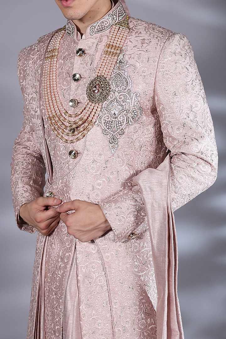 Rose Quartz Brocade Silk Dabka & Boota Embroidered Groom Sherwani Set by Bharat Reshma at Pernia's Pop Up Shop