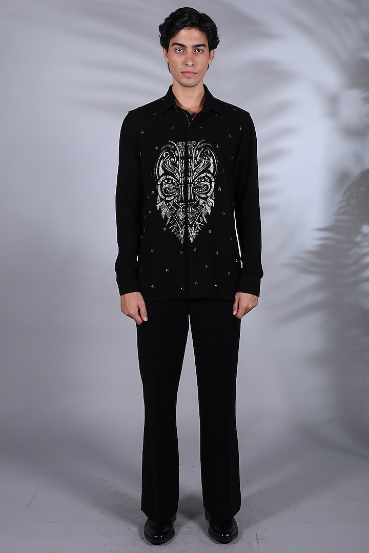 Jet Black Japanese Suiting Stone Embroidered Shirt by Bharat Reshma