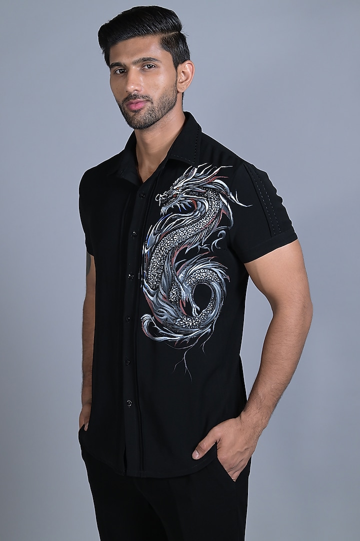 Black Japanese Suiting Cutdana Embroidered Shirt by Bharat Reshma