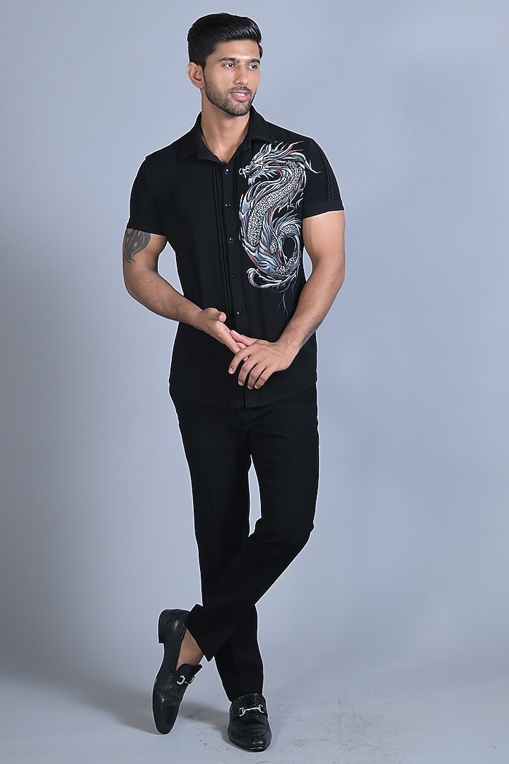 Black Japanese Suiting Cutdana Embroidered Wedding Shirt by Bharat Reshma at Pernia's Pop Up Shop