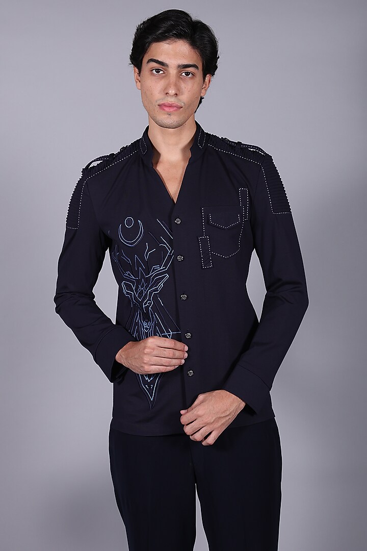 Midnight Blue Cotton Thread Embroidered Co-Ord Set by Bharat Reshma at Pernia's Pop Up Shop