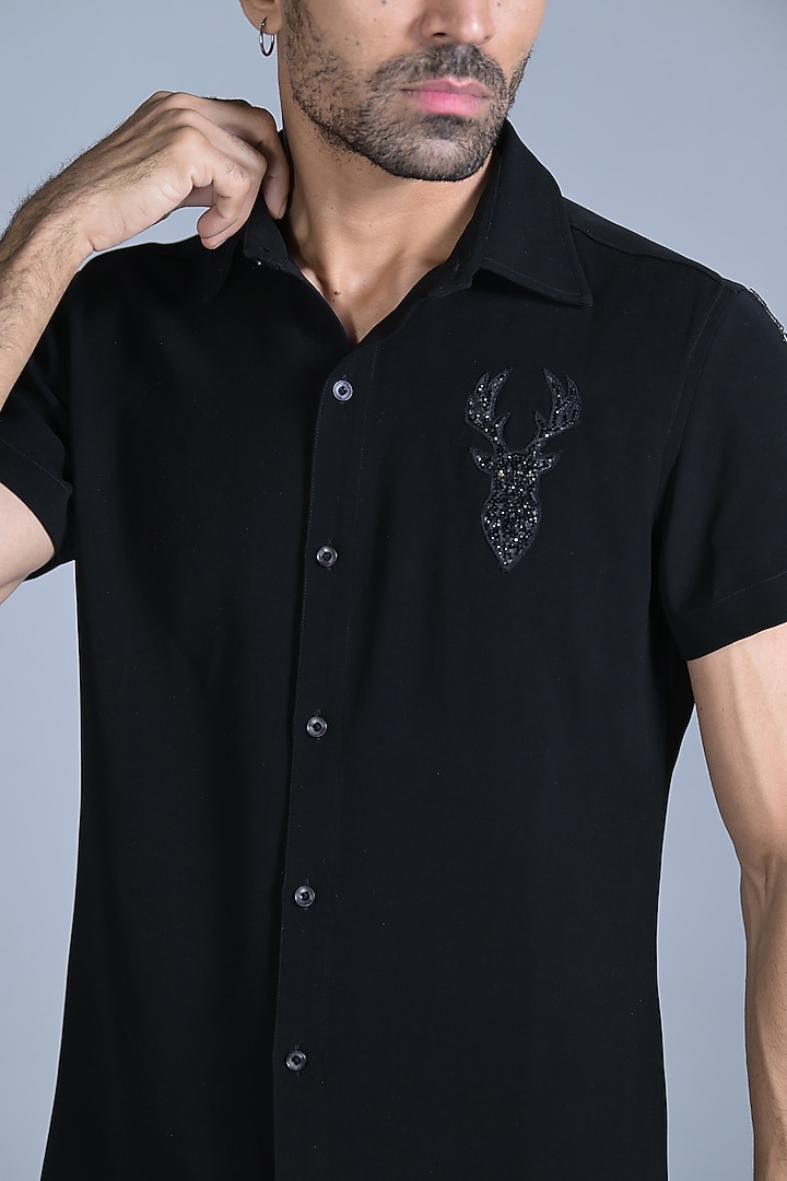 Black Japanese Embroidered Party Wear Shirt by Bharat Reshma at Pernia's Pop Up Shop