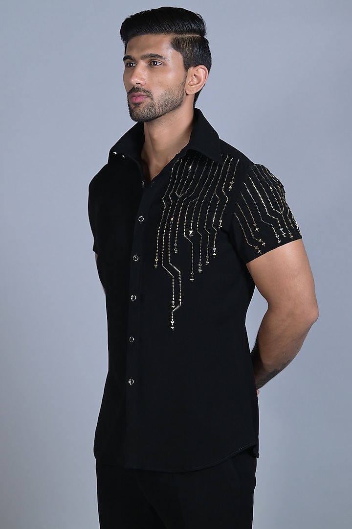 Charcoal Black Japanese Suiting Embroidered Shirt by Bharat Reshma