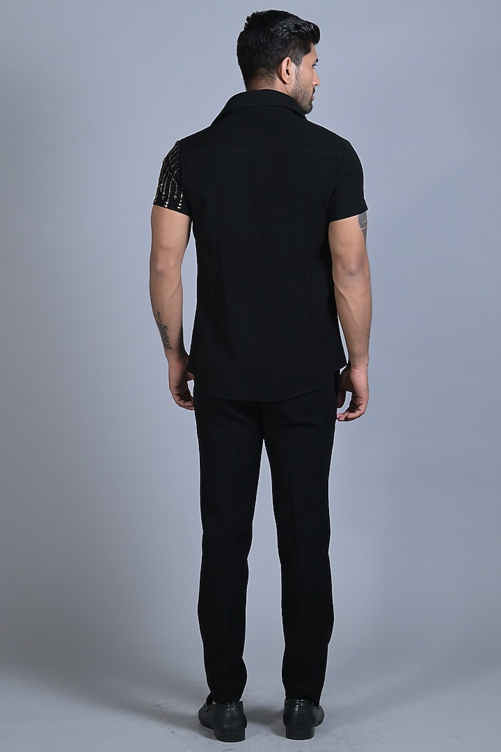 Charcoal Black Japanese Suiting Embroidered Party Wear Shirt by Bharat Reshma at Pernia's Pop Up Shop