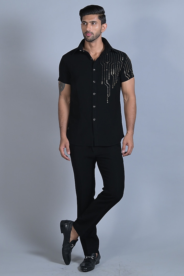 Charcoal Black Japanese Suiting Embroidered Party Wear Shirt by Bharat Reshma at Pernia's Pop Up Shop
