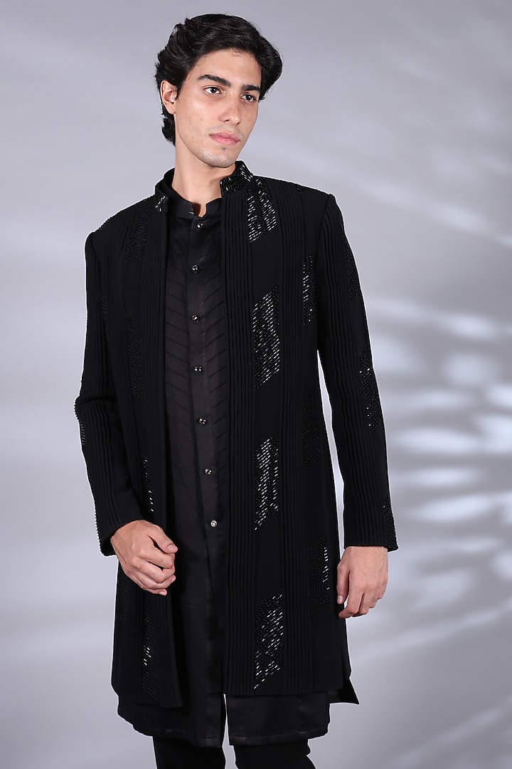 Pure Black Polyester Cutdana Hand Embroidered Indo-Western Set by Bharat Reshma at Pernia's Pop Up Shop