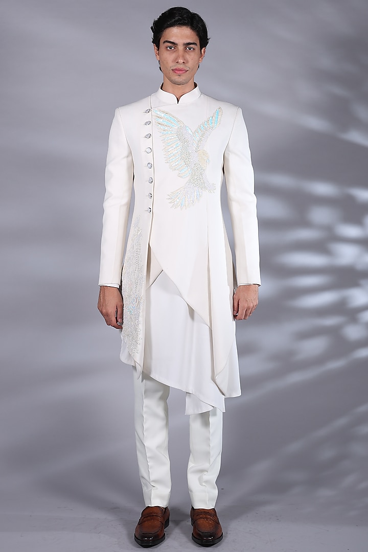 Ice White Polyester Sequins Embellished Asymmetrical Indo-Western Set by Bharat Reshma