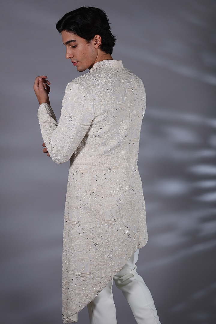 Ice White Polyester Sequins Embellished Asymmetrical Indo-Western
