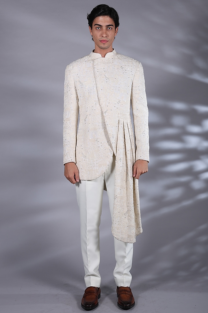 Ice White Polyester Sequins Embellished Asymmetrical Indo-Western Set by Bharat Reshma at Pernia's Pop Up Shop