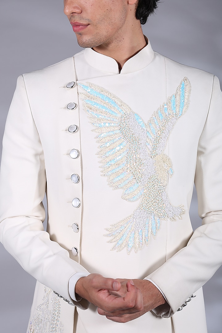Ice White Polyester Sequins Embellished Asymmetrical Indo-Western Set by Bharat Reshma at Pernia's Pop Up Shop