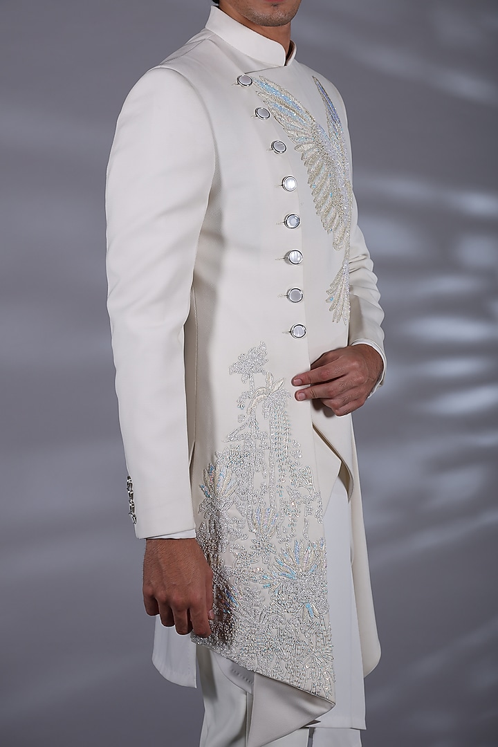 Ice White Polyester Sequins Embellished Asymmetrical Indo-Western Set by Bharat Reshma at Pernia's Pop Up Shop