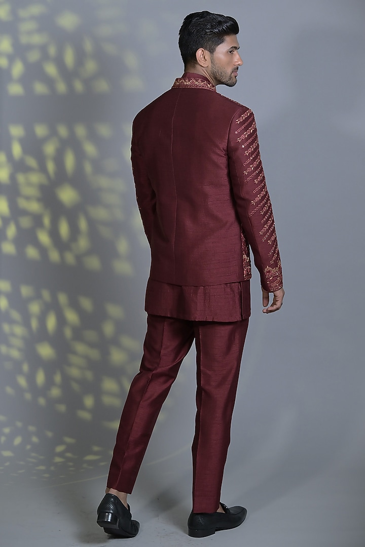 Brick Red Raw Silk Resham & Zari Embroidered Indo-Western Set by Bharat Reshma at Pernia's Pop Up Shop