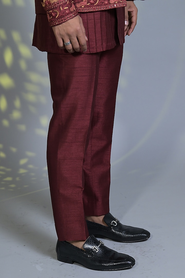 Brick Red Raw Silk Resham & Zari Embroidered Indo-Western Set by Bharat Reshma at Pernia's Pop Up Shop