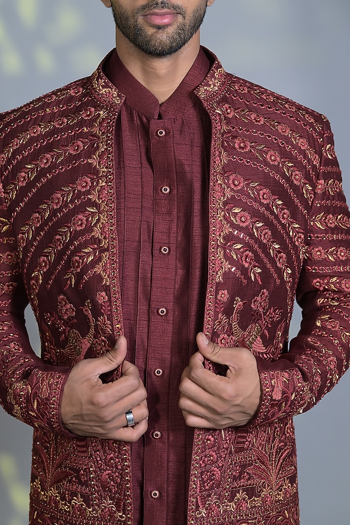 Brick Red Raw Silk Resham & Zari Embroidered Indo-Western Set by Bharat Reshma at Pernia's Pop Up Shop