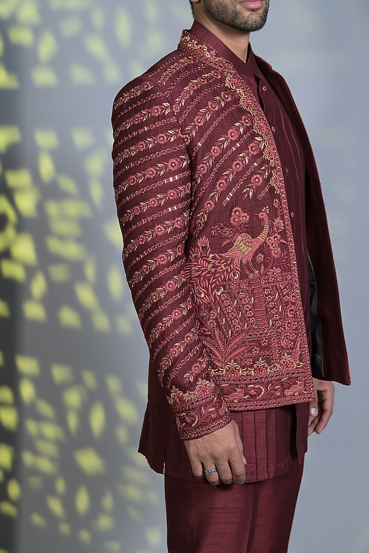 Brick Red Raw Silk Resham & Zari Embroidered Indo-Western Set by Bharat Reshma at Pernia's Pop Up Shop
