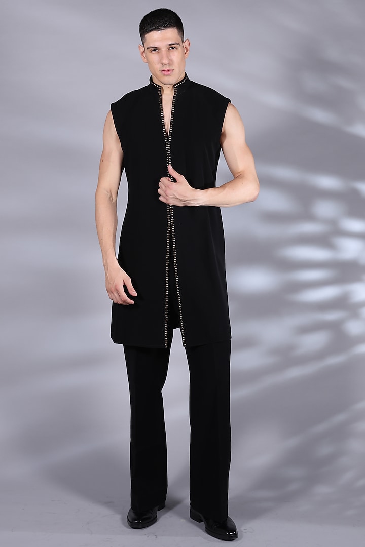 Kohl Black Polyester Metal Beads Embroidered Indo-Western Set by Bharat Reshma at Pernia's Pop Up Shop