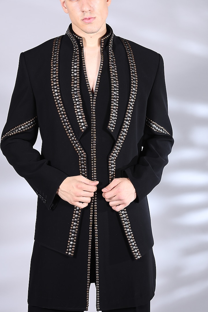 Kohl Black Polyester Metal Beads Embroidered Indo-Western Set by Bharat Reshma at Pernia's Pop Up Shop