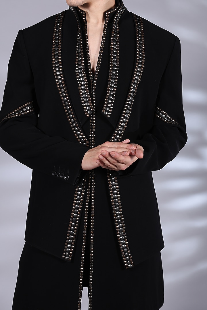 Kohl Black Polyester Metal Beads Embroidered Indo-Western Set by Bharat Reshma at Pernia's Pop Up Shop