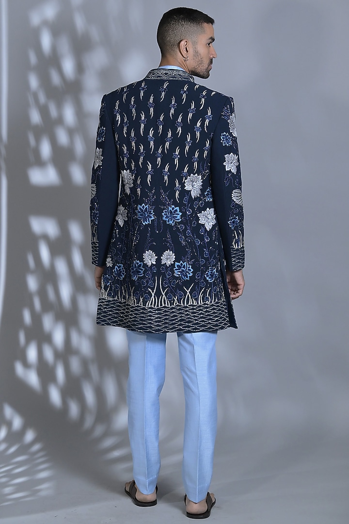 French Navy Blue Japanese Suiting Fabric Sequins Embellished Indo-Western Set by Bharat Reshma at Pernia's Pop Up Shop