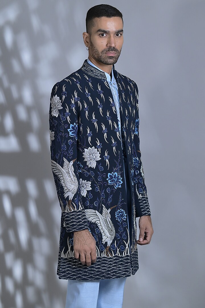 French Navy Blue Japanese Suiting Fabric Sequins Embellished Indo-Western Set by Bharat Reshma at Pernia's Pop Up Shop