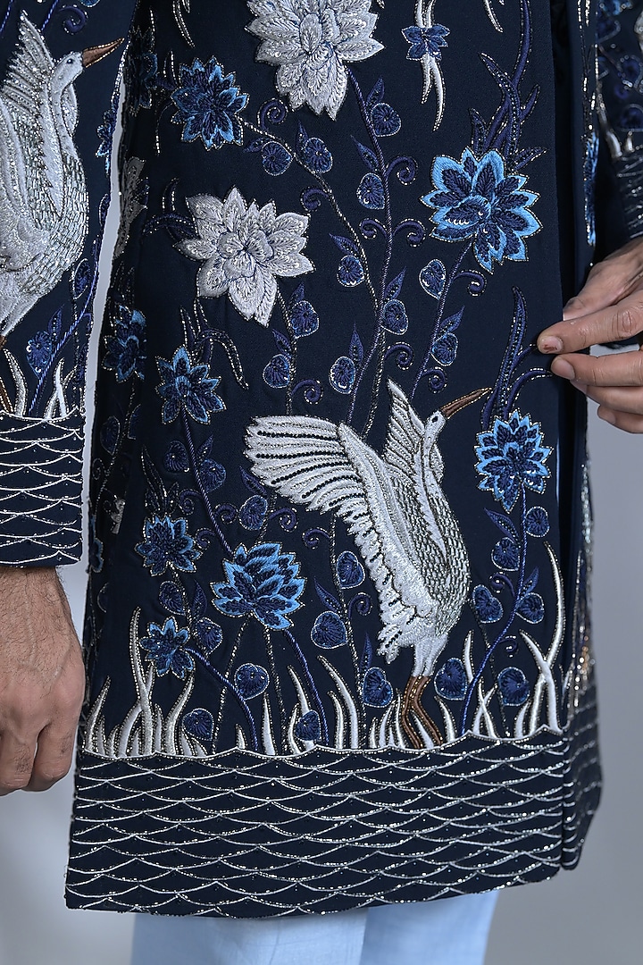 French Navy Blue Japanese Suiting Fabric Sequins Embellished Indo-Western Set by Bharat Reshma at Pernia's Pop Up Shop
