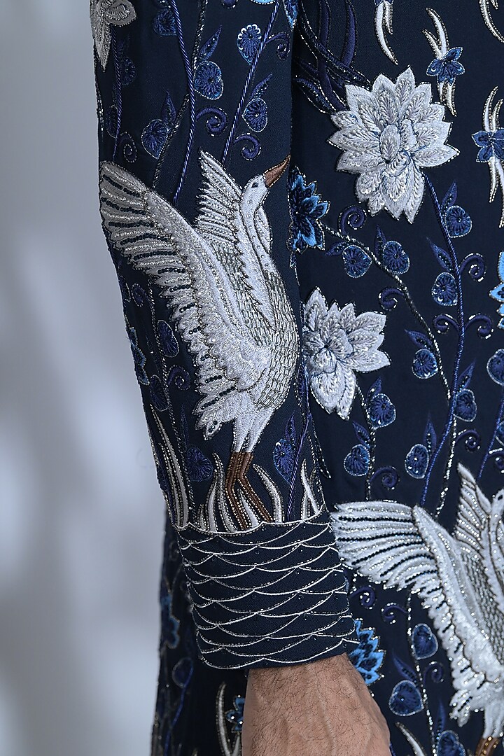French Navy Blue Japanese Suiting Fabric Sequins Embellished Indo-Western Set by Bharat Reshma at Pernia's Pop Up Shop