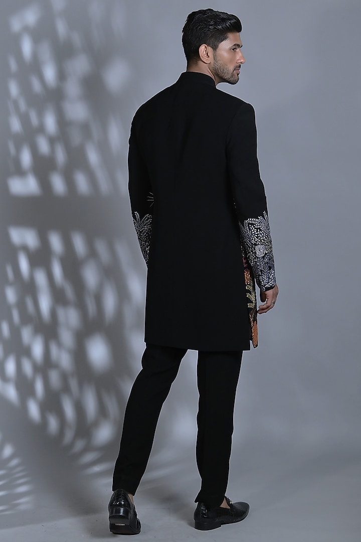Jet Black Japanese Suiting Fabric Pearl Embroidered Indo-Western Set by Bharat Reshma at Pernia's Pop Up Shop