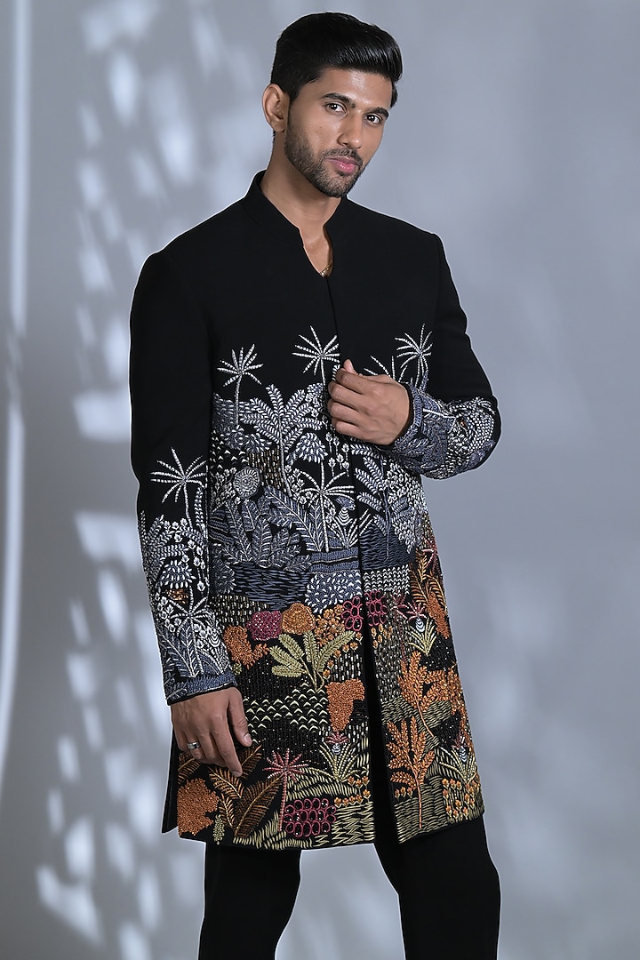 Jet Black Japanese Suiting Fabric Pearl Embroidered Indo-Western Set by Bharat Reshma at Pernia's Pop Up Shop