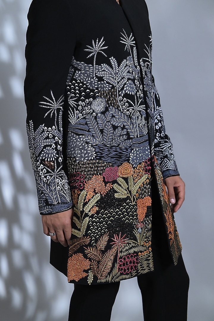 Jet Black Japanese Suiting Fabric Pearl Embroidered Indo-Western Set by Bharat Reshma at Pernia's Pop Up Shop