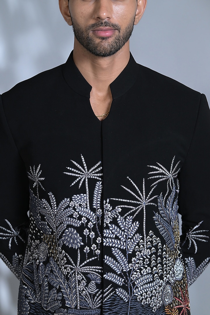 Jet Black Japanese Suiting Fabric Pearl Embroidered Indo-Western Set by Bharat Reshma at Pernia's Pop Up Shop