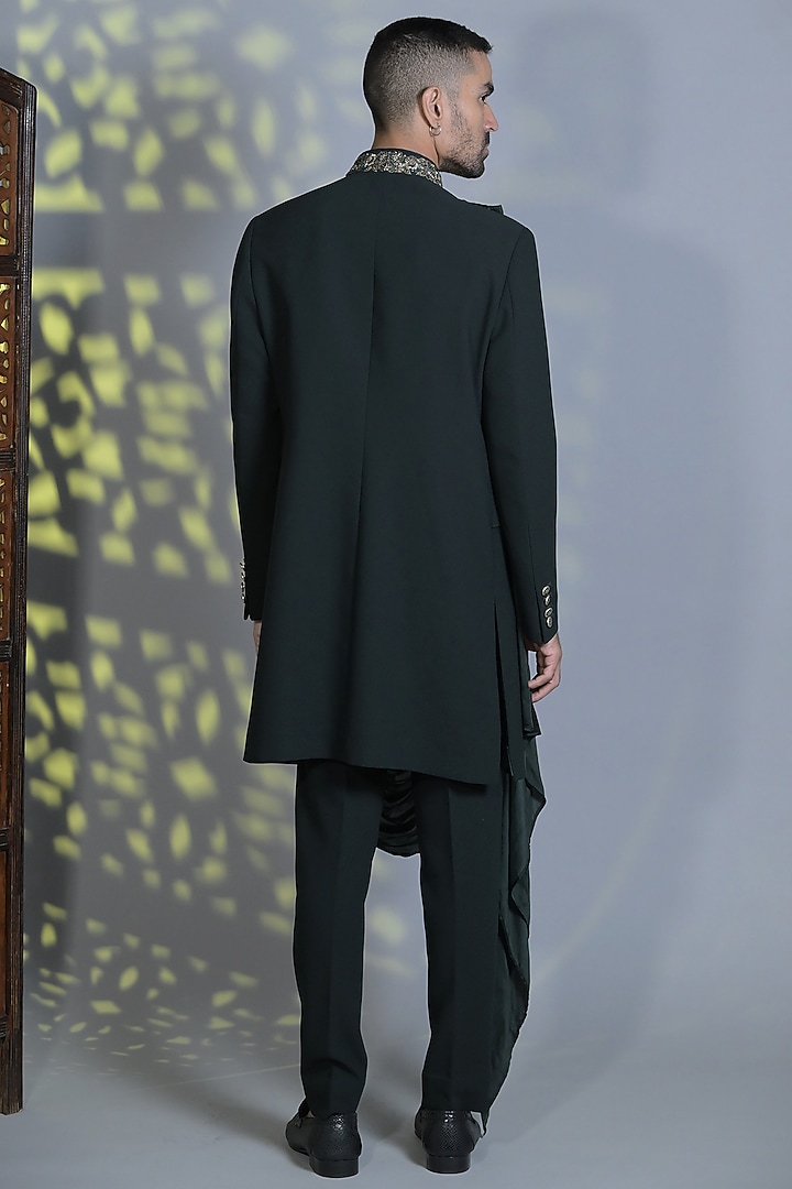 Hunter Green Japanese Suiting Fabric Draped Style Indo-Western Set by Bharat Reshma at Pernia's Pop Up Shop