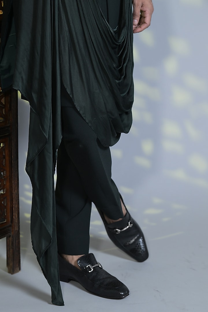 Hunter Green Japanese Suiting Fabric Draped Style Indo-Western Set by Bharat Reshma at Pernia's Pop Up Shop