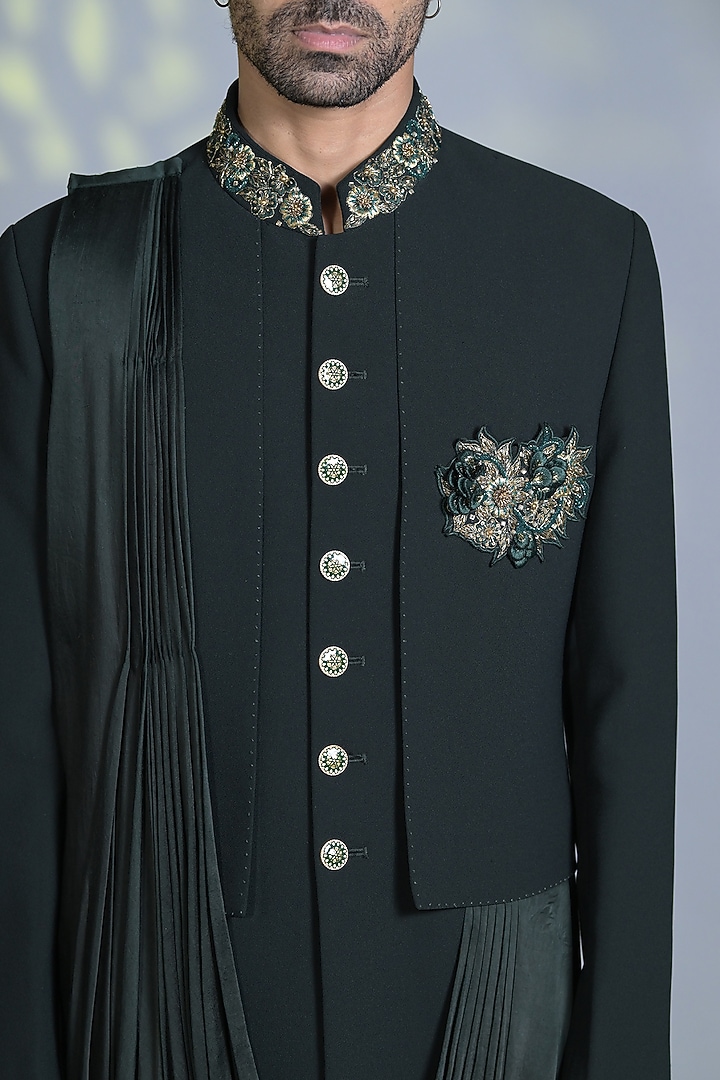 Hunter Green Japanese Suiting Fabric Draped Style Indo-Western Set by Bharat Reshma at Pernia's Pop Up Shop