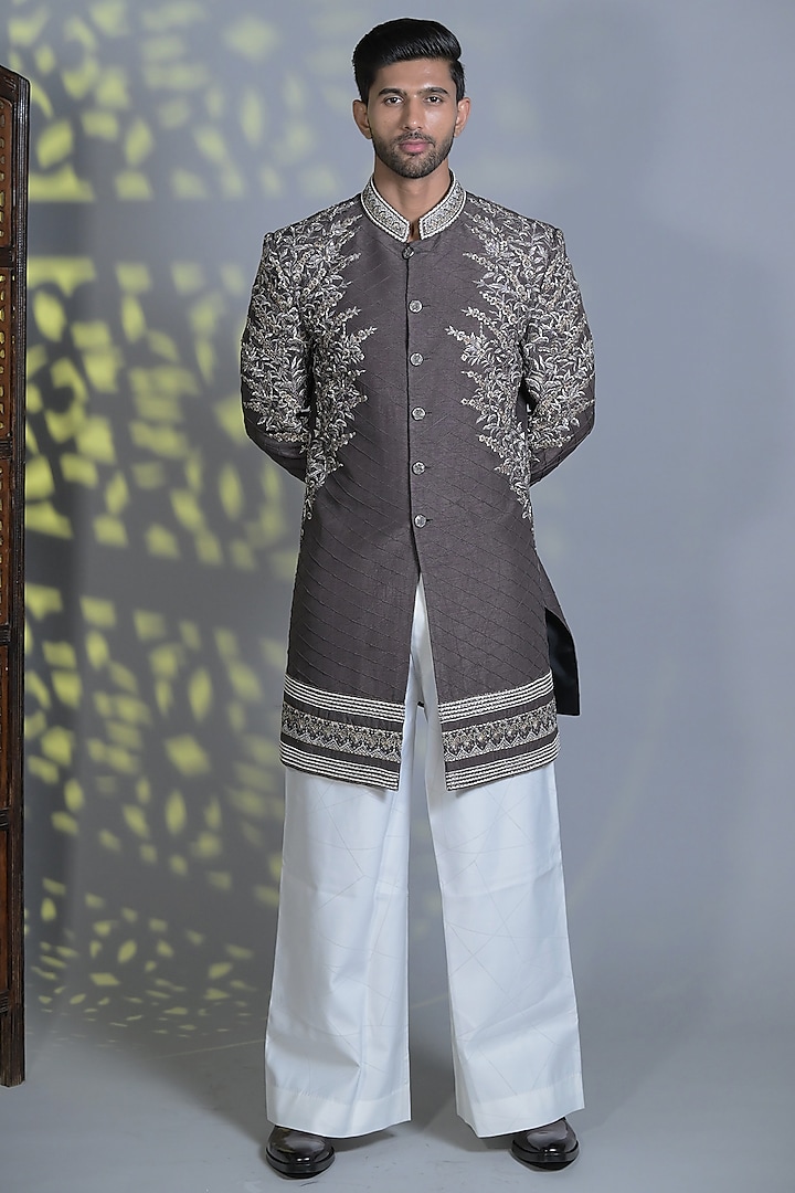 Gunmetal Grey Dupion Silk Thread Embroidered Indo-Western Set by Bharat Reshma