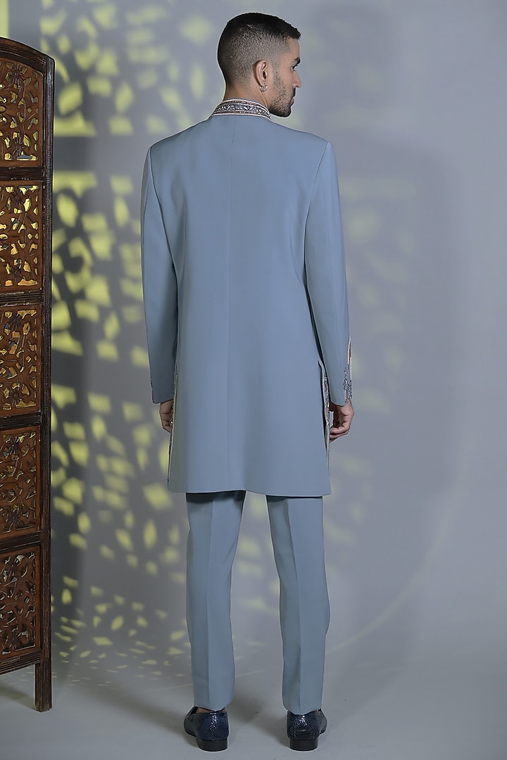 Powder Blue Japanese Suiting Fabric Dabka Embroidered Indo-Western Set by Bharat Reshma at Pernia's Pop Up Shop