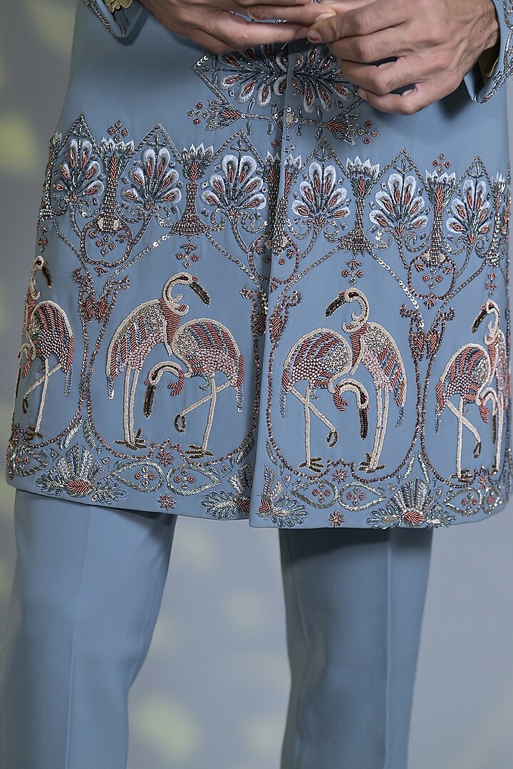 Powder Blue Japanese Suiting Fabric Dabka Embroidered Indo-Western Set by Bharat Reshma at Pernia's Pop Up Shop