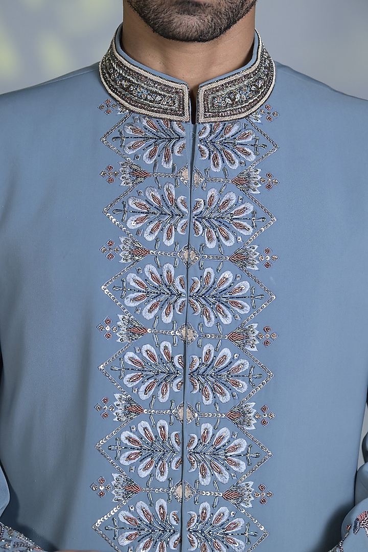 Powder Blue Japanese Suiting Fabric Dabka Embroidered Indo-Western Set by Bharat Reshma at Pernia's Pop Up Shop